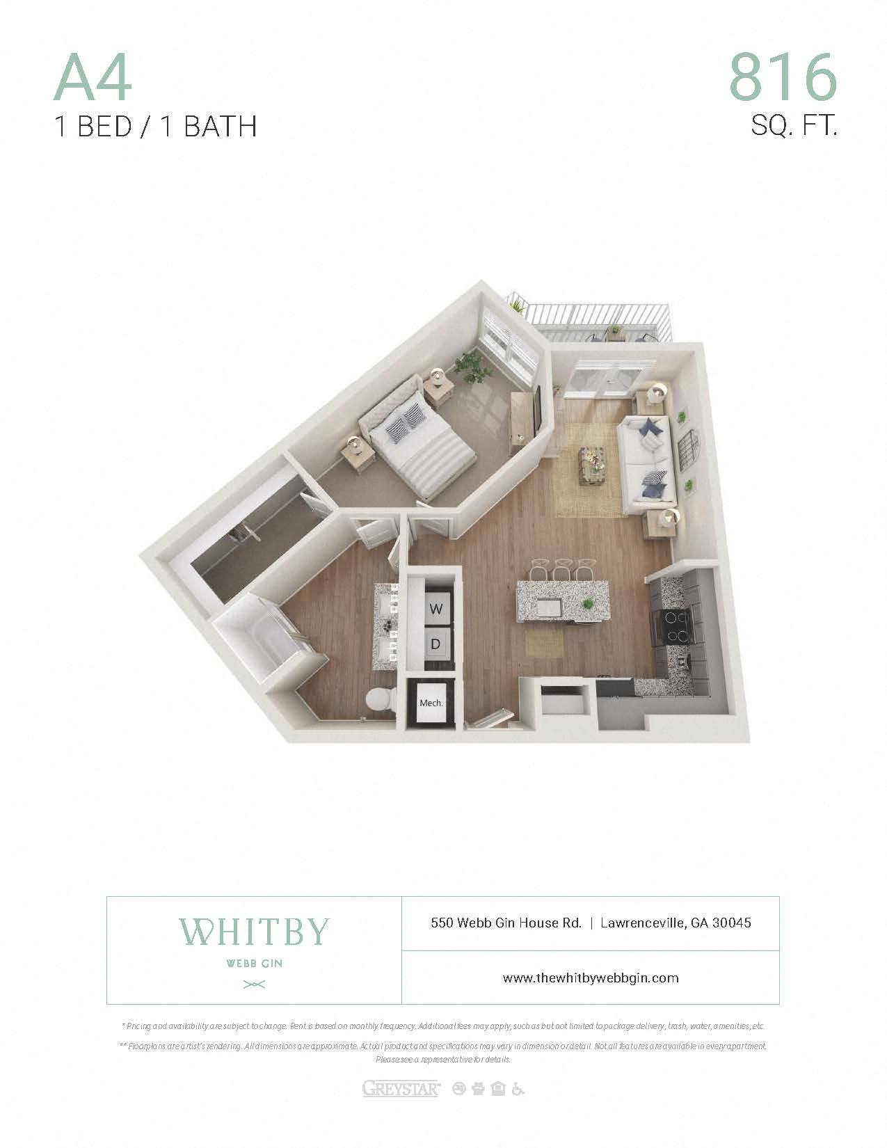 Floor plan for 1 bed, 1 bath, 816 sqft